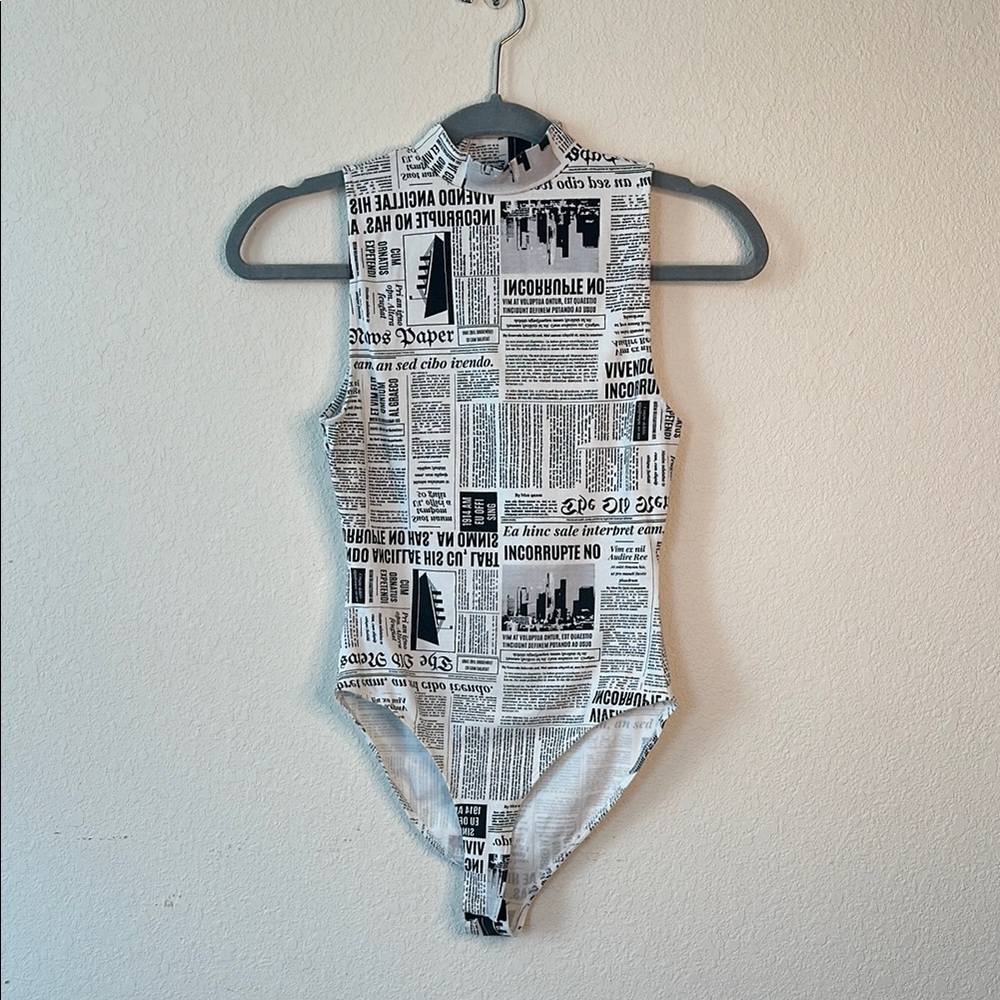 Stylish Newspaper Print Body Suit